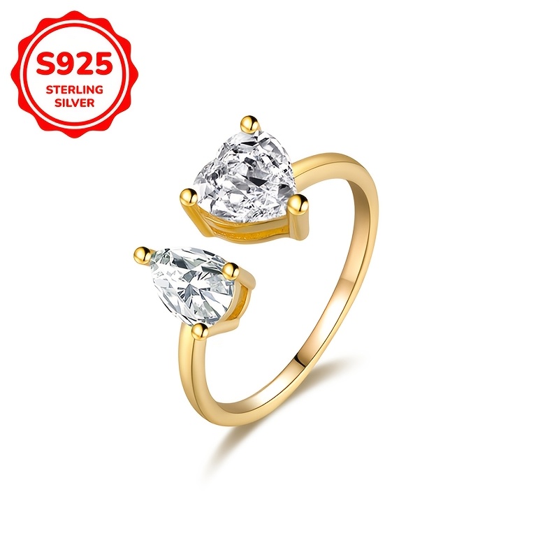 925 Sterling Silver Inlaid Synthetic Zirconia Heart-Shaped Open Ring